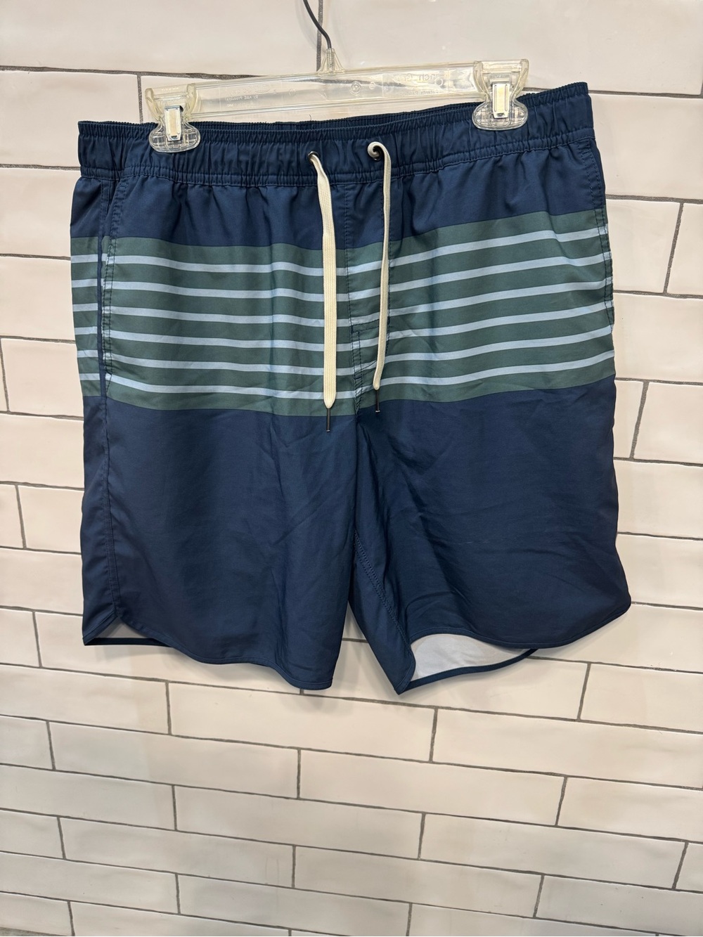 Fair Harbor Navy Swim Trunks with Green Stripes